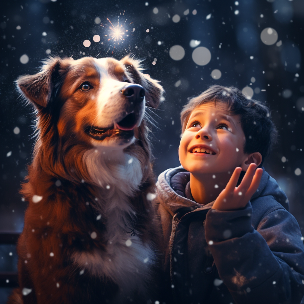 Boy and Australian Shepherd Waving Goodbye with Snowflakes