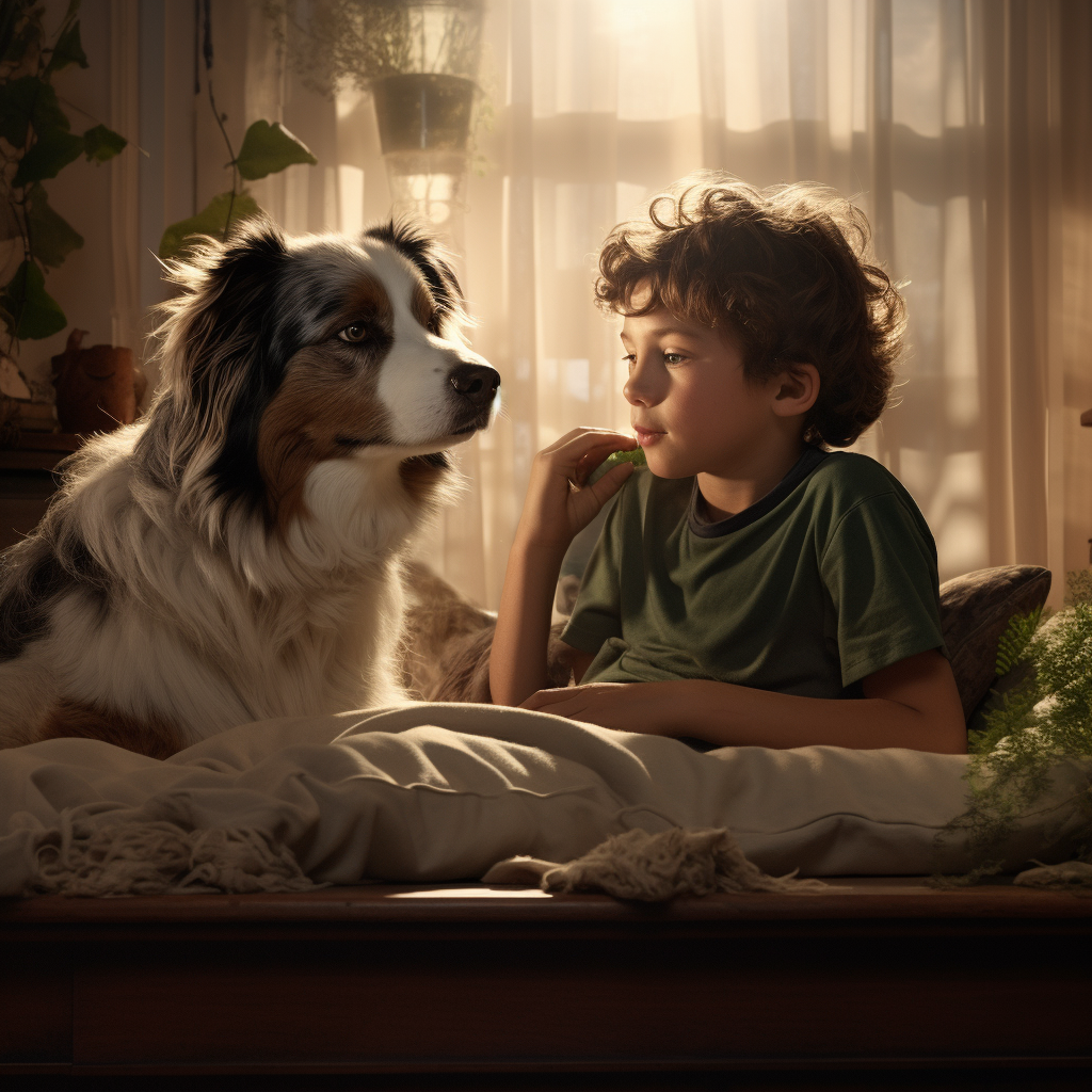 Boy and Australian Shepherd waking up in a decorated living room