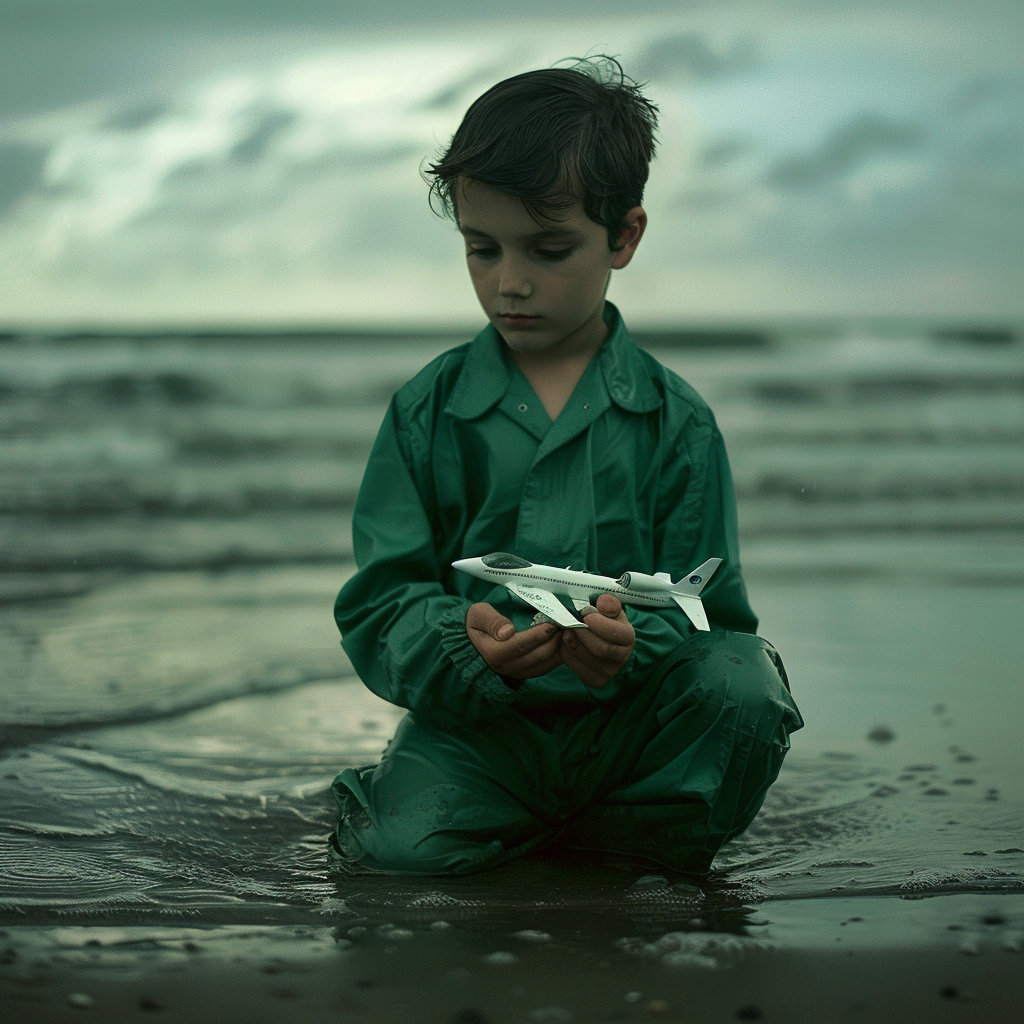 Boy with model airplane on beach