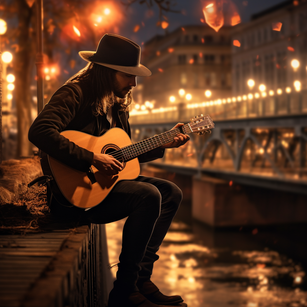 Long-haired boy playing guitar on bridge