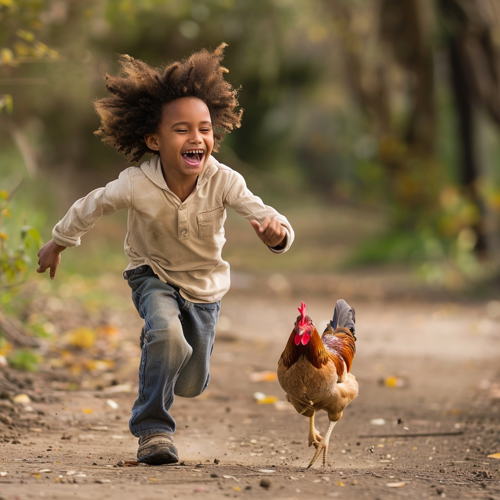 Boy chasing chicken laughing