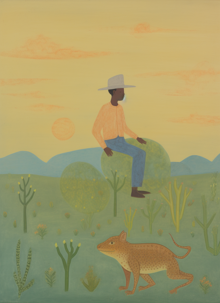 African American boy rides frog in cowboy hat