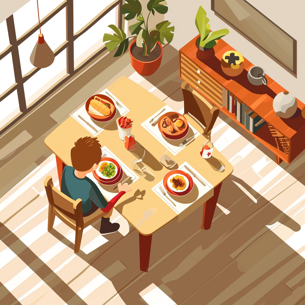 Boy at dining table birdseye view