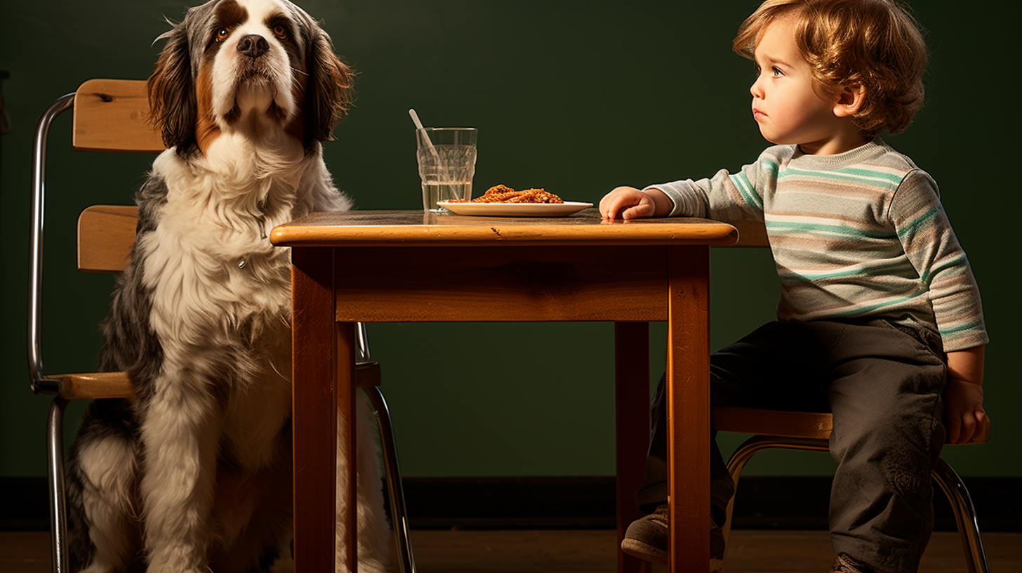 Boy in High Chair with Dog