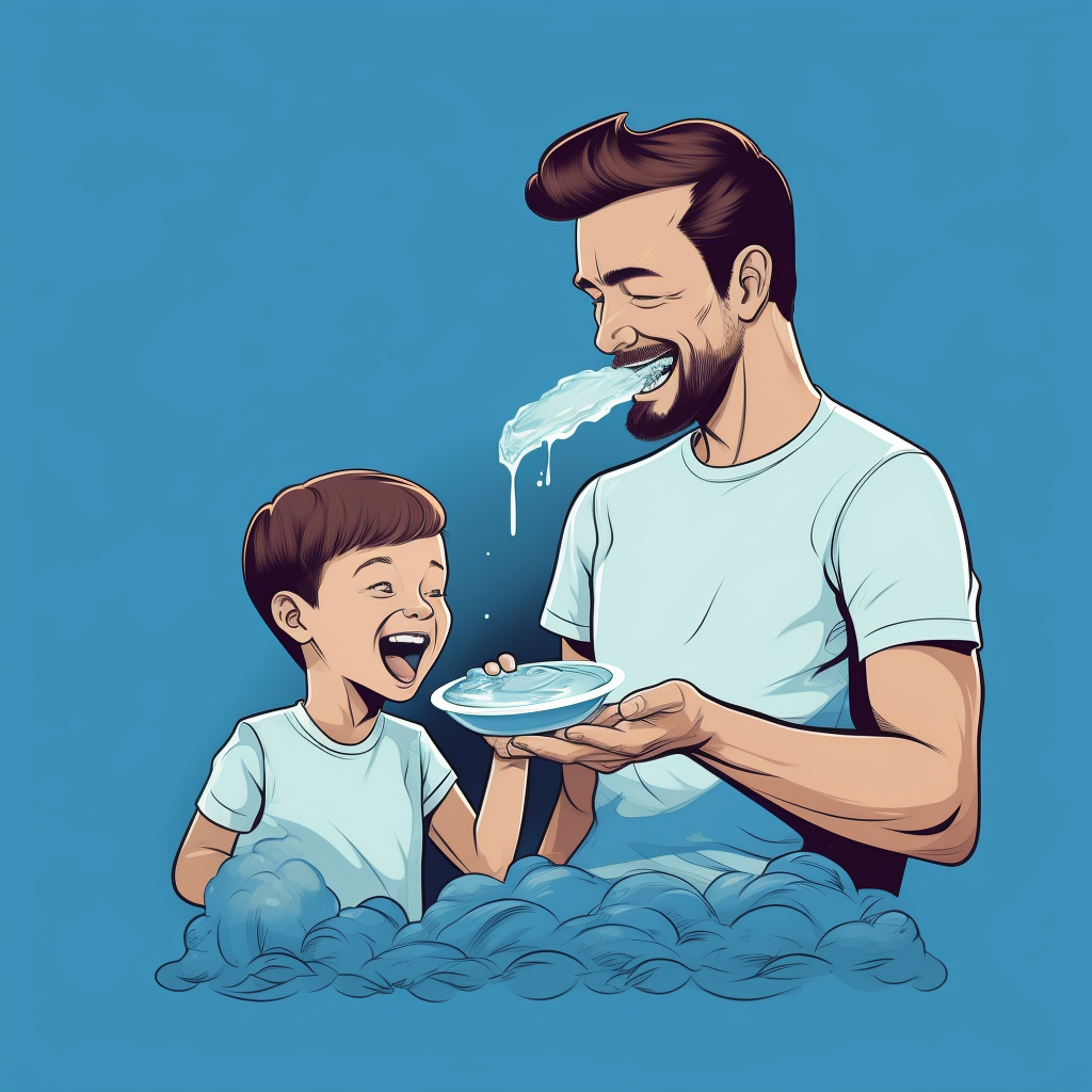 Boy eating ice cream with father