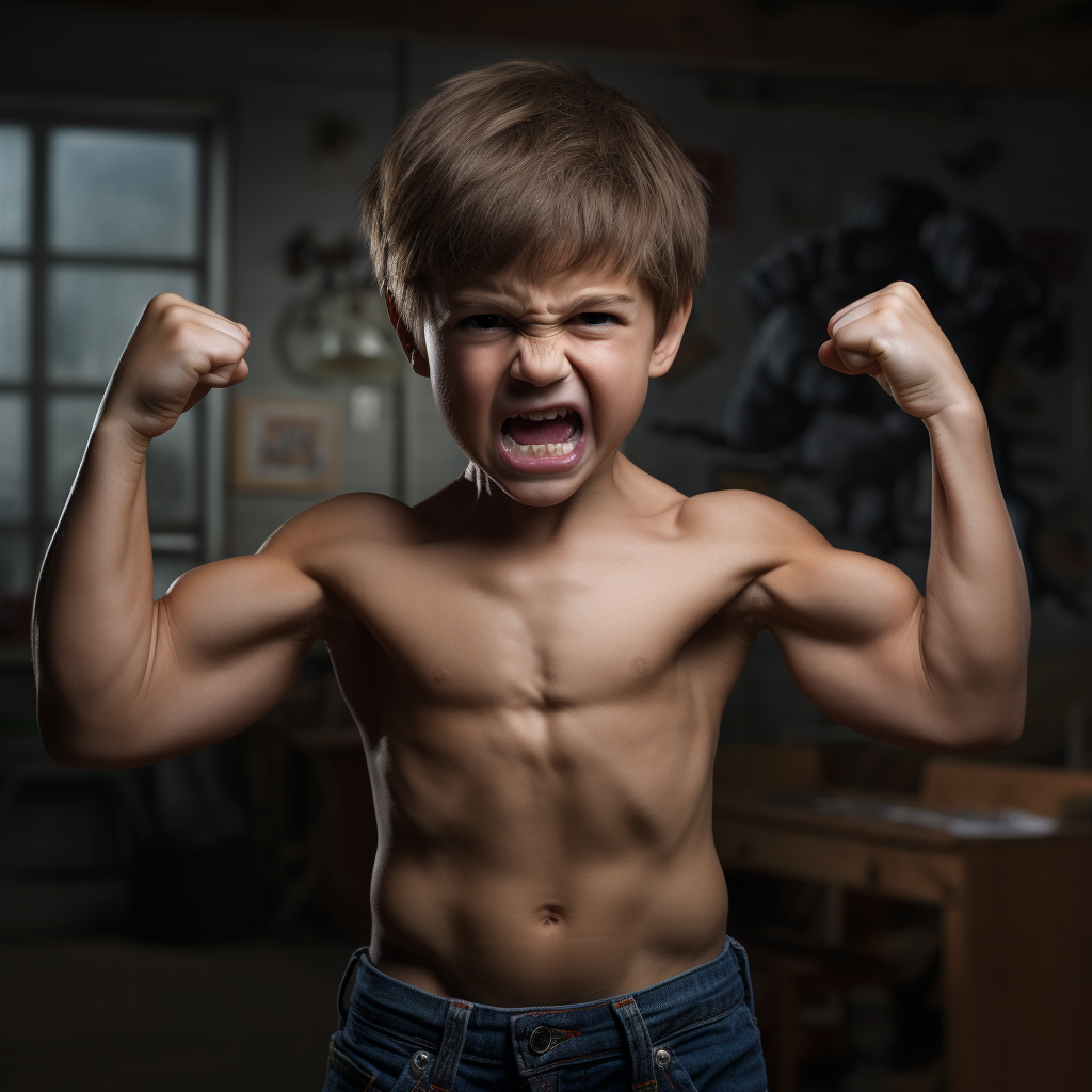 Boy flexing muscles with effort