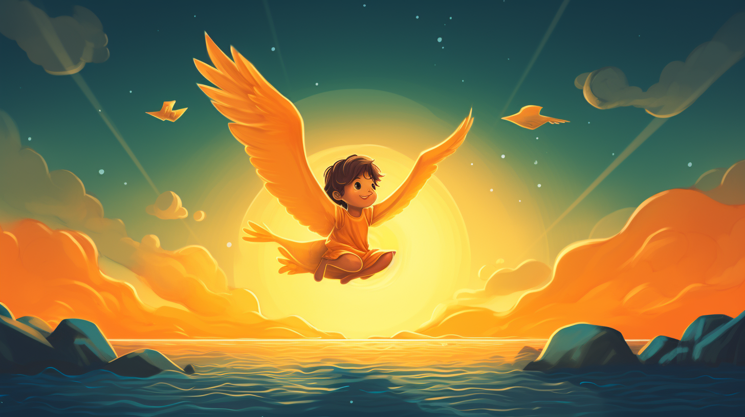 Illustration of boy flying with duck