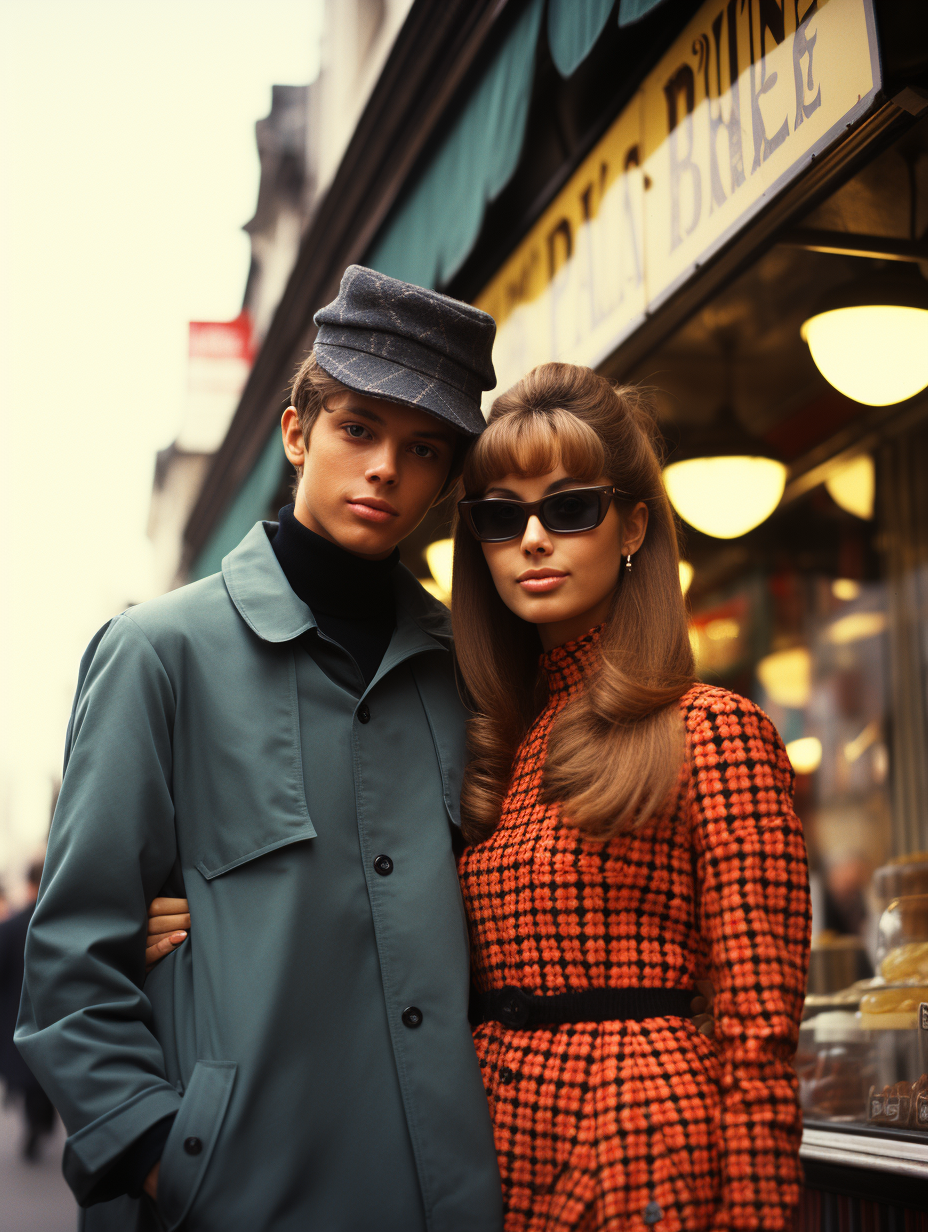 Boy and girl in 60's youth fashion on London street