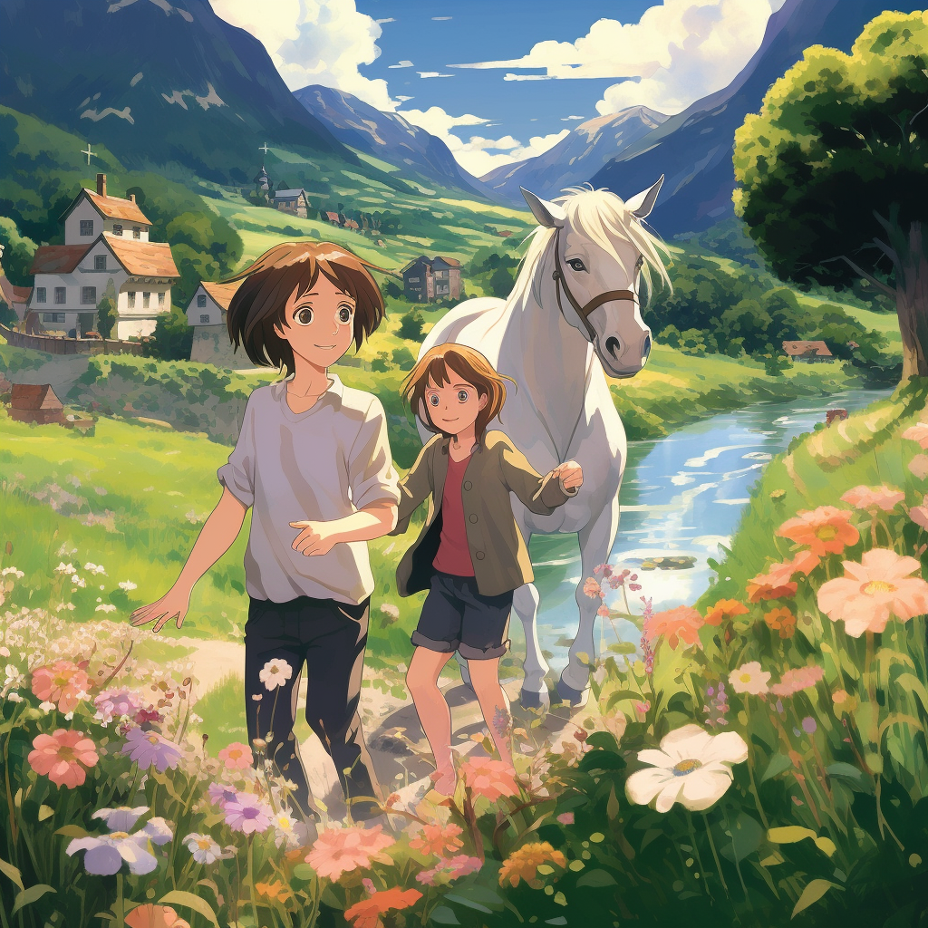 Two Kids Playing with Unicorn in Beautiful Meadow