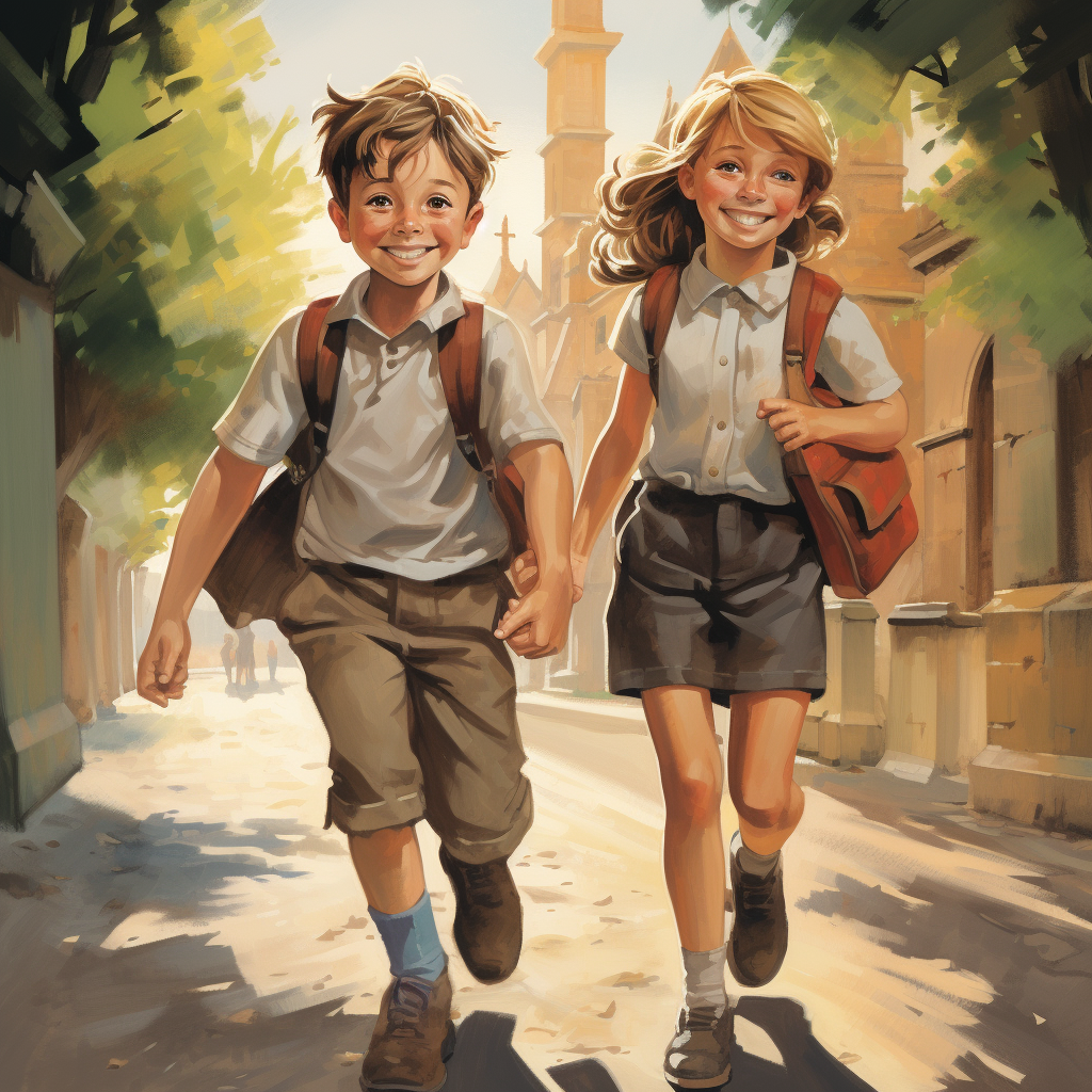 Smiling boy and girl walking to school