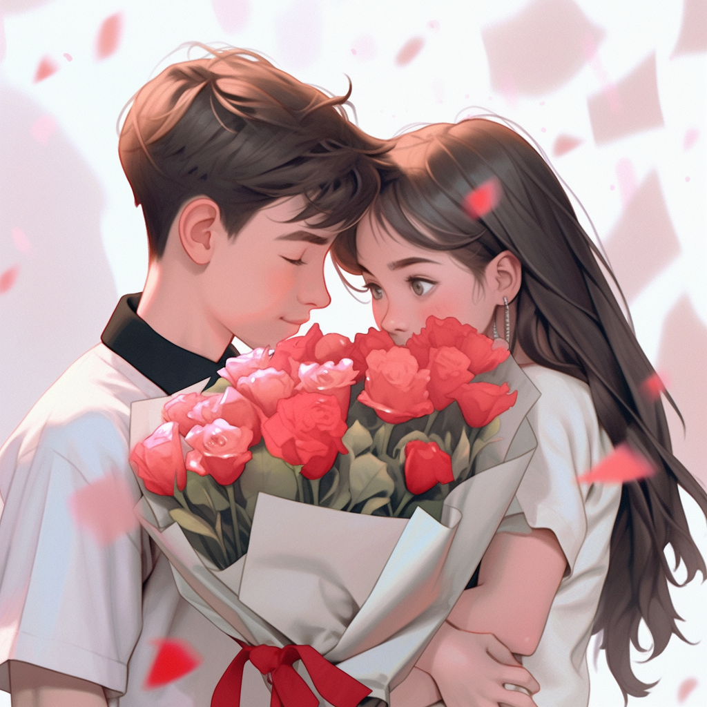 Boy giving girl roses with 3D icons on white background