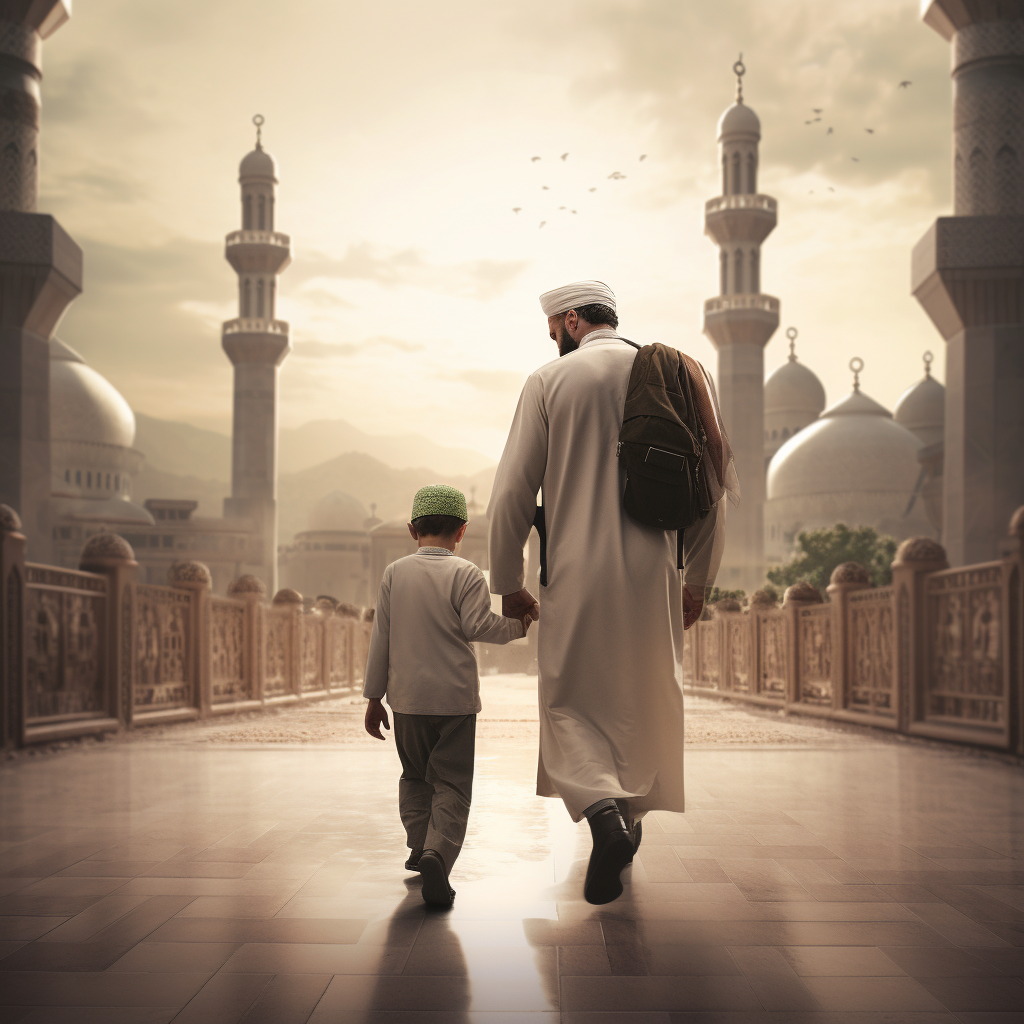 Boy going to mosque with father