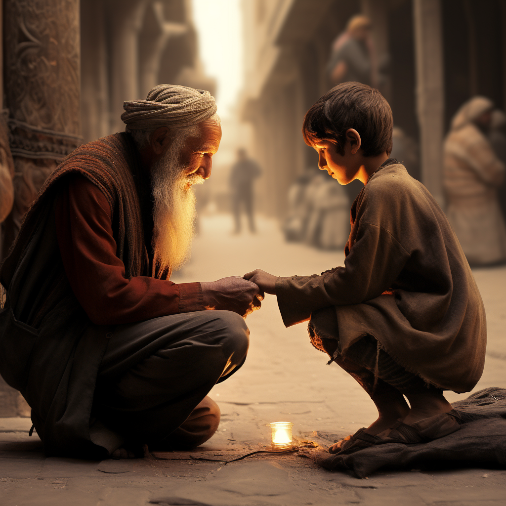 Boy helping elderly man on street