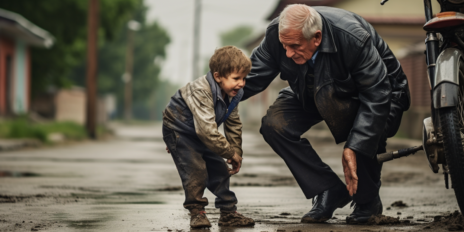 Young boy helping fallen grandpa in Bulgaria