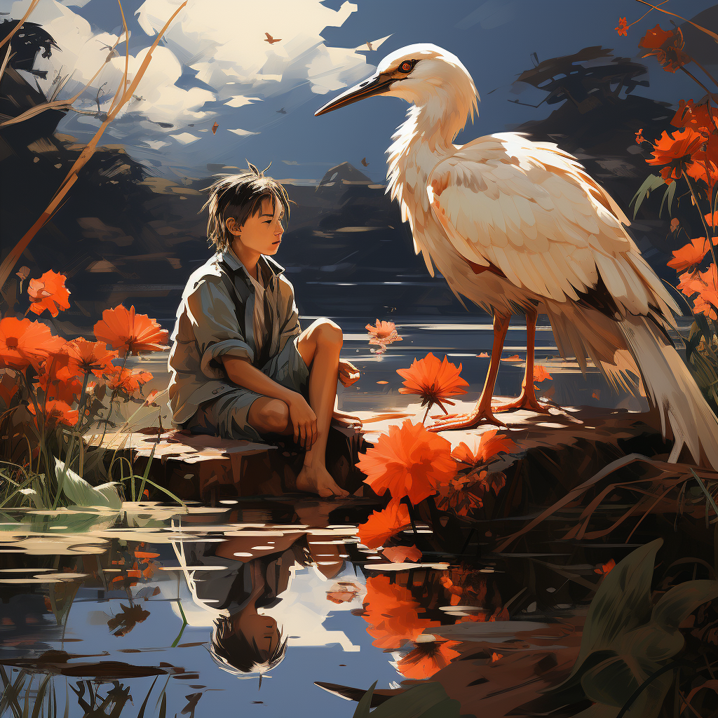 Illustration of a boy and a heron