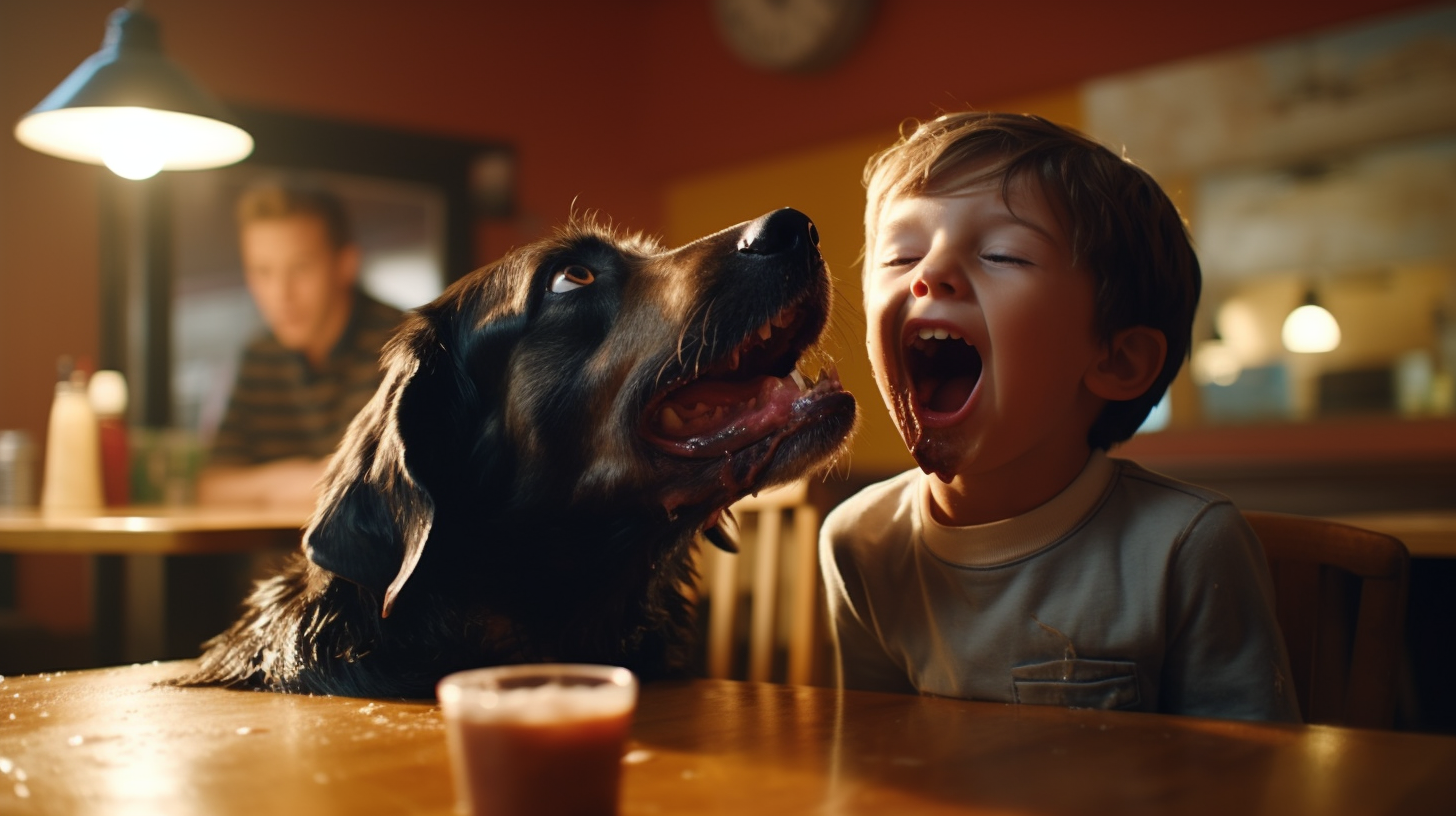 3-year-old boy in high chair with dog