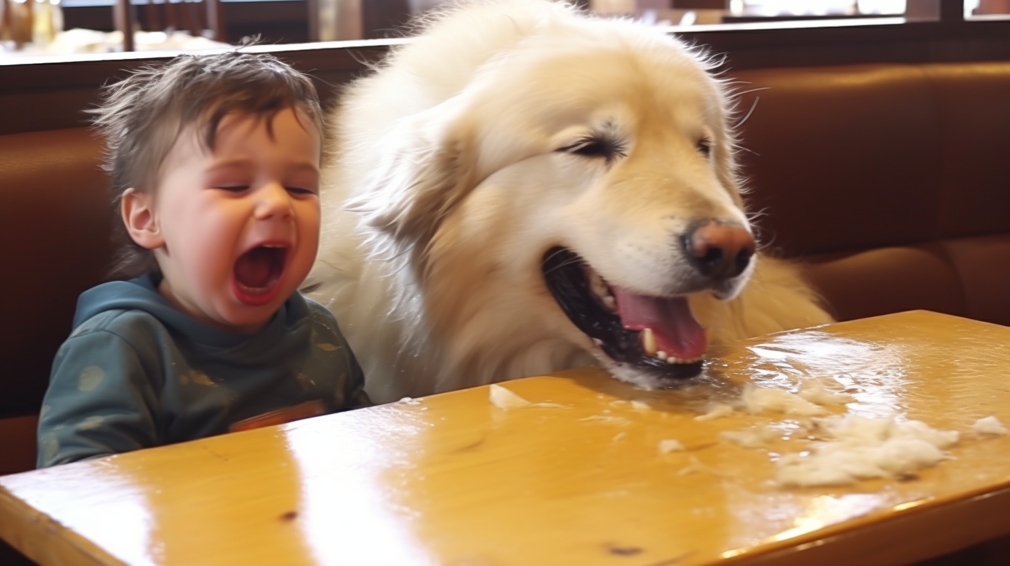 Boy, Dog, Mom, Friends in Tavern