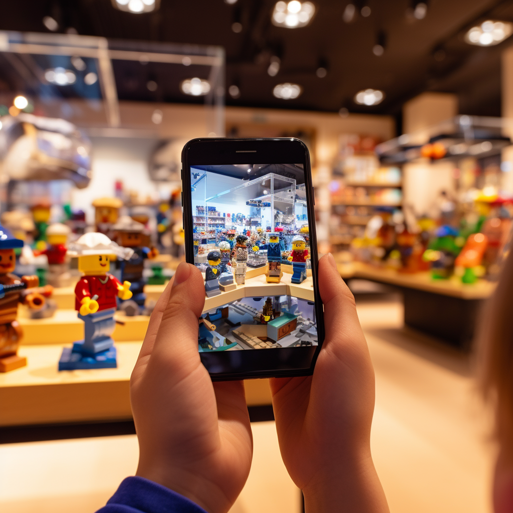 Boy holding cellphone in Lego Store