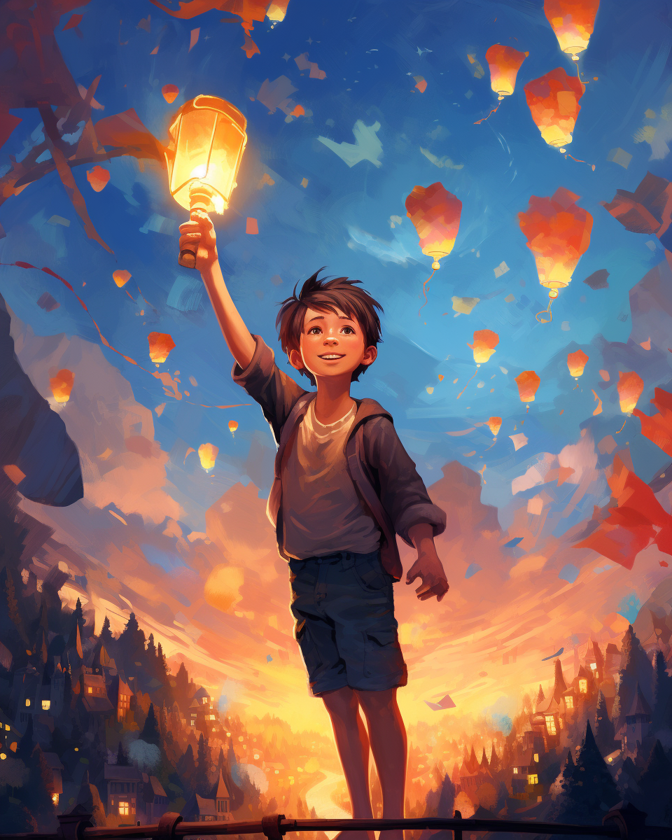 Young boy holding lantern in sky