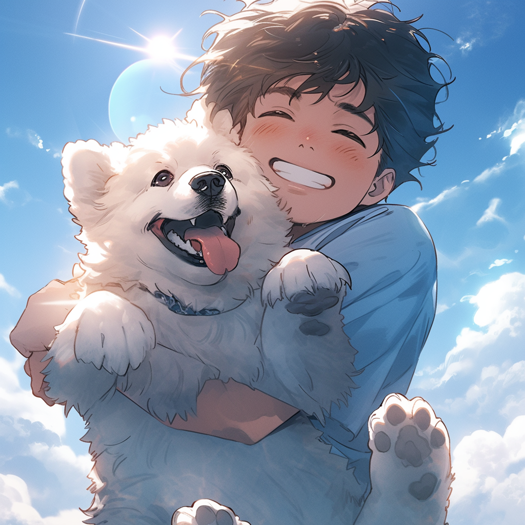 Boy holding Samoyed dog