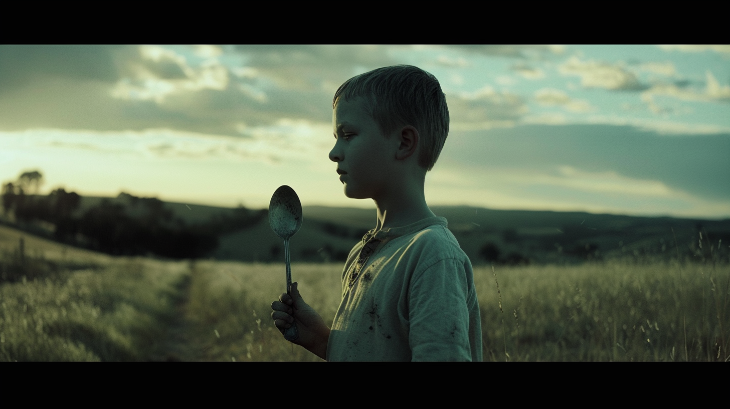 Boy holding spoon in landscape