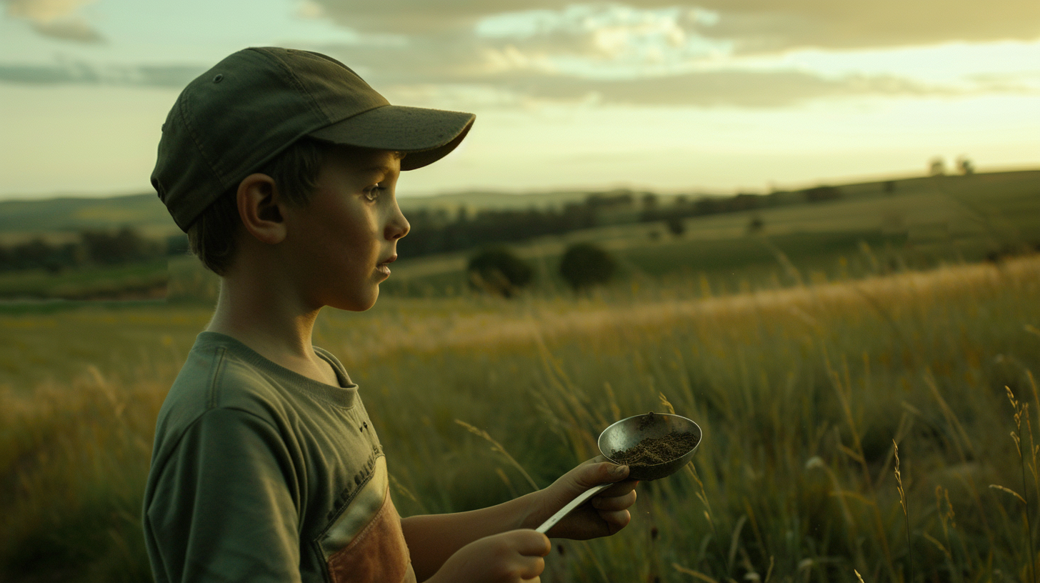 boy holding spoon in landscape