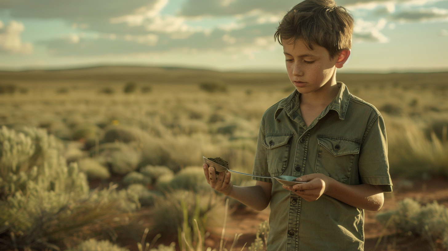 Boy holding dirt spoon landscape