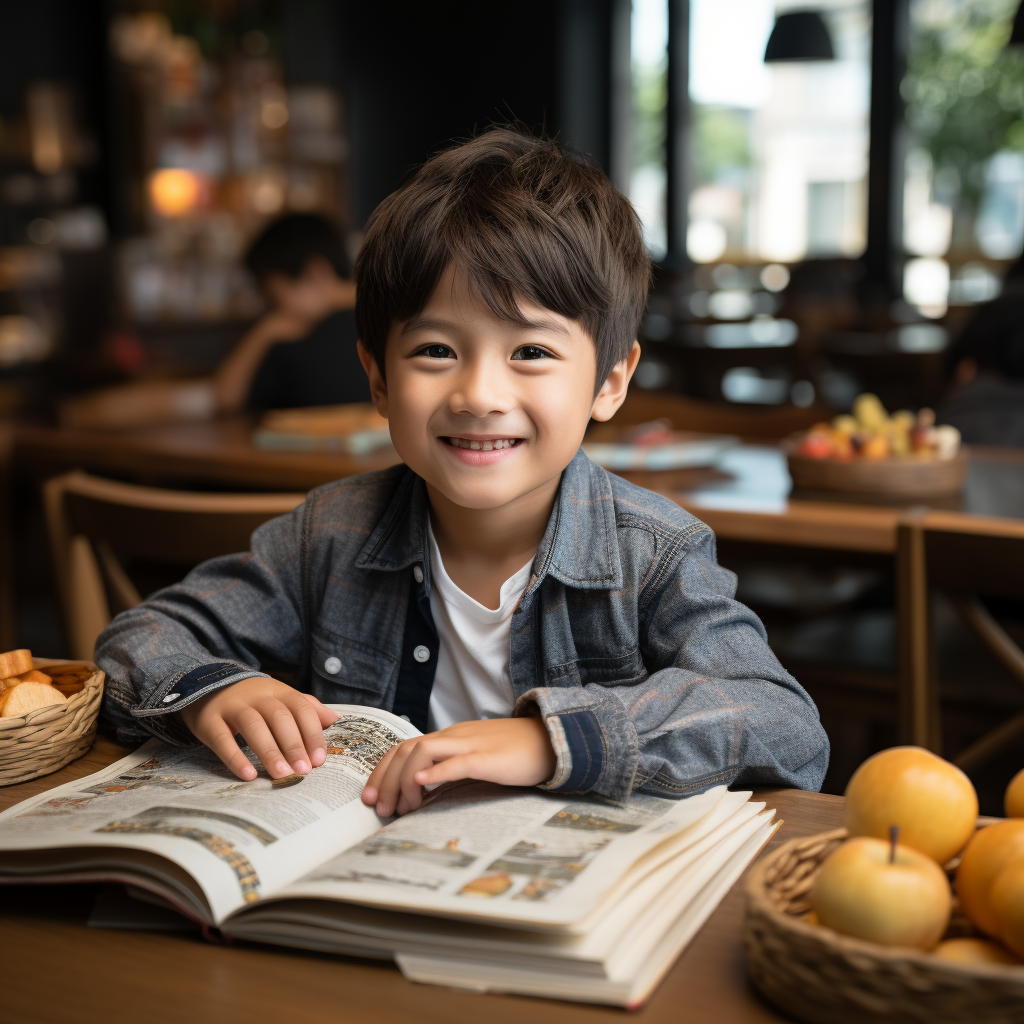 Boy Learning English in Library