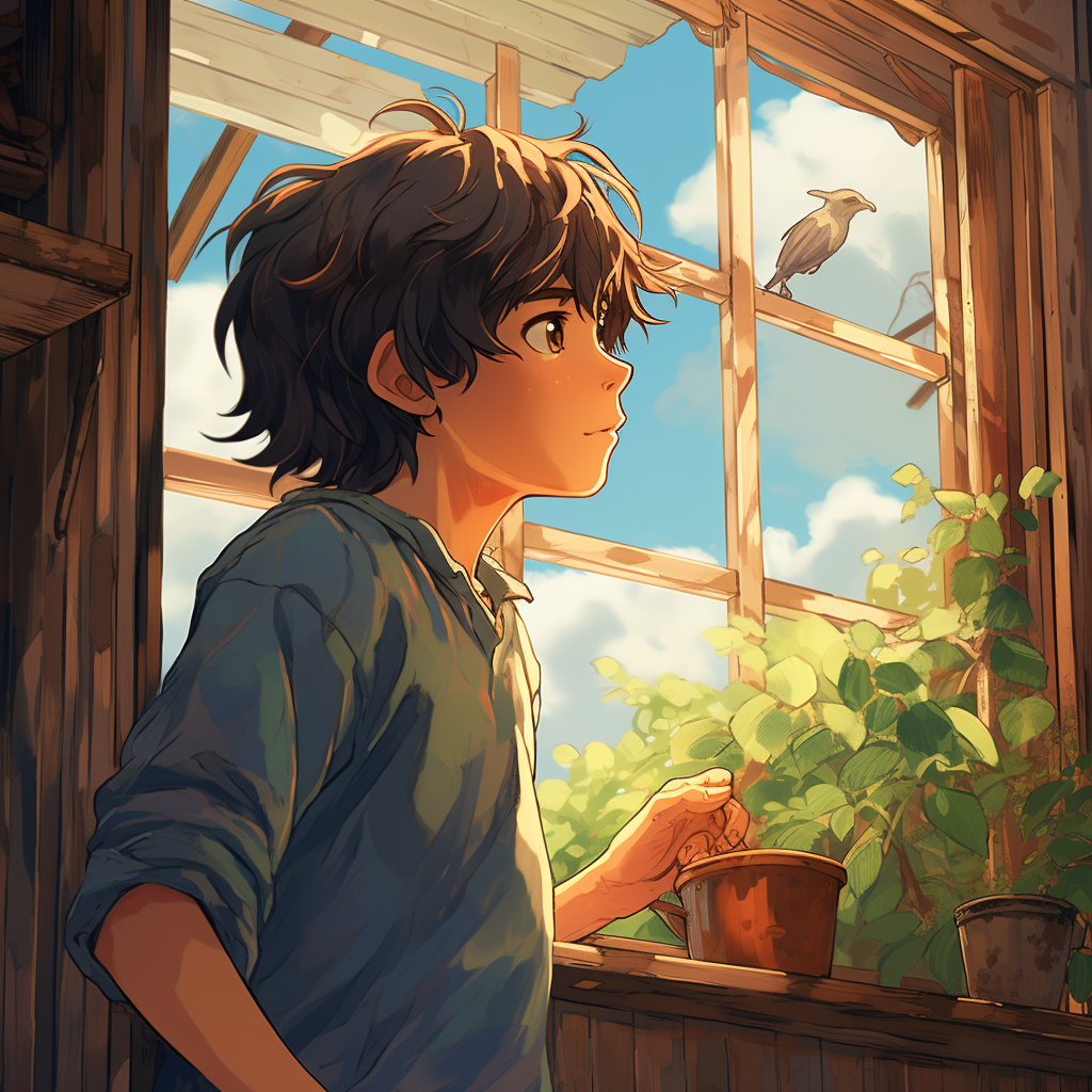 Boy Looking Out Window in Studio Ghibli Art