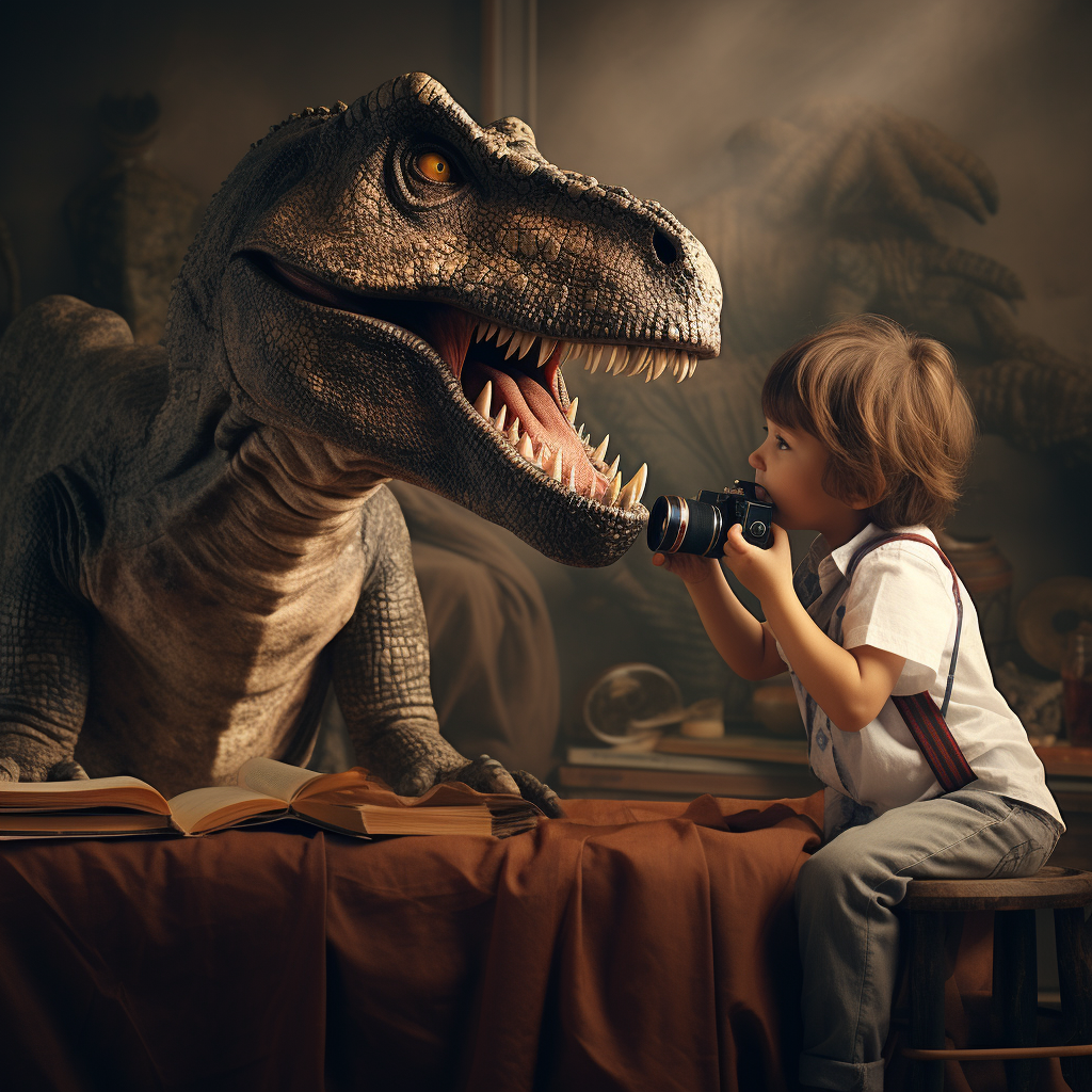 Boy looking at dinosaur picture