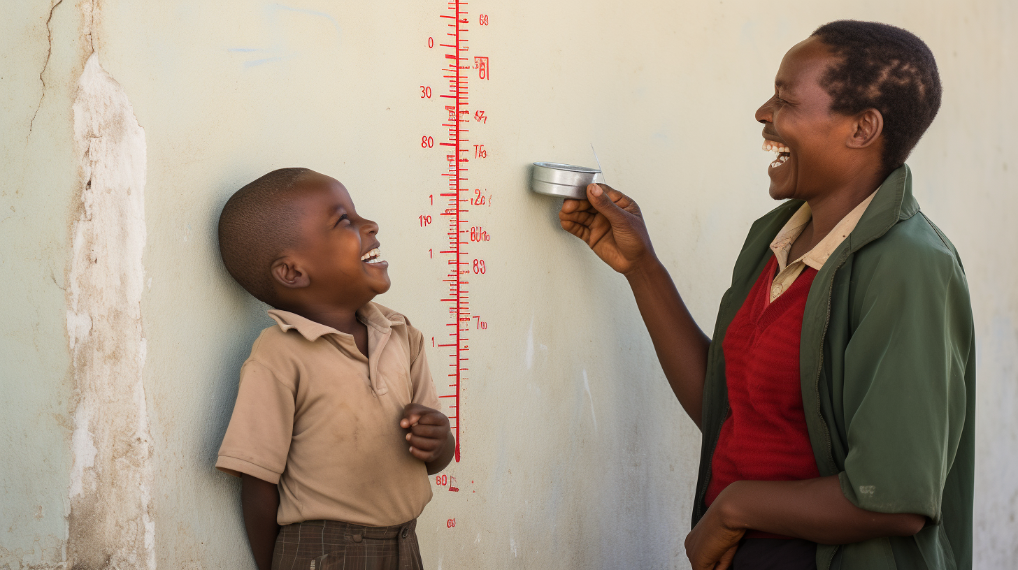 Young boy with mom measuring height in Zimbabwe