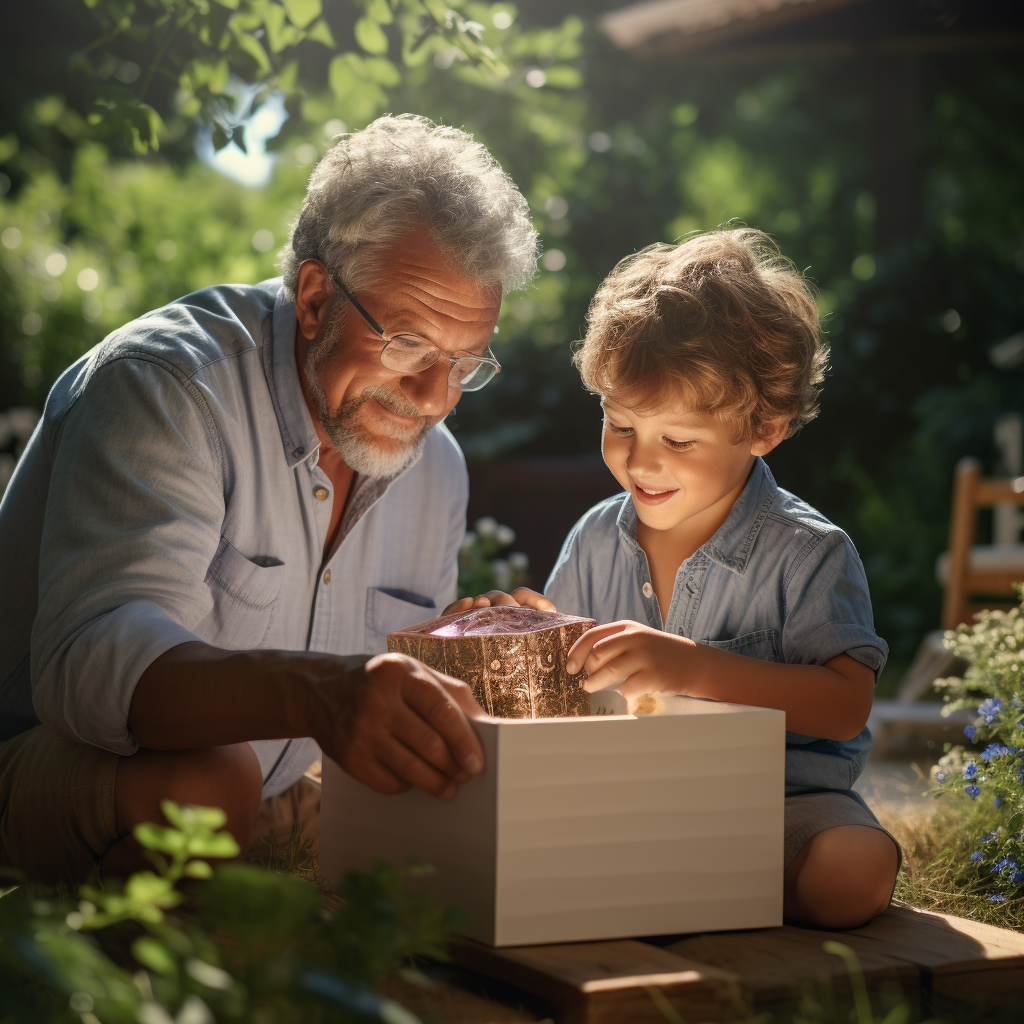 Young boy with excitement opening a gift box from his grandparents