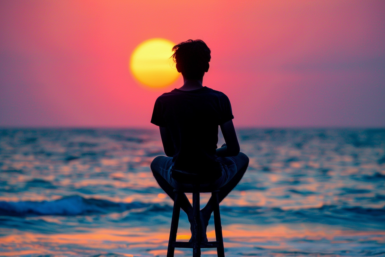 Boy playing videogames at beach