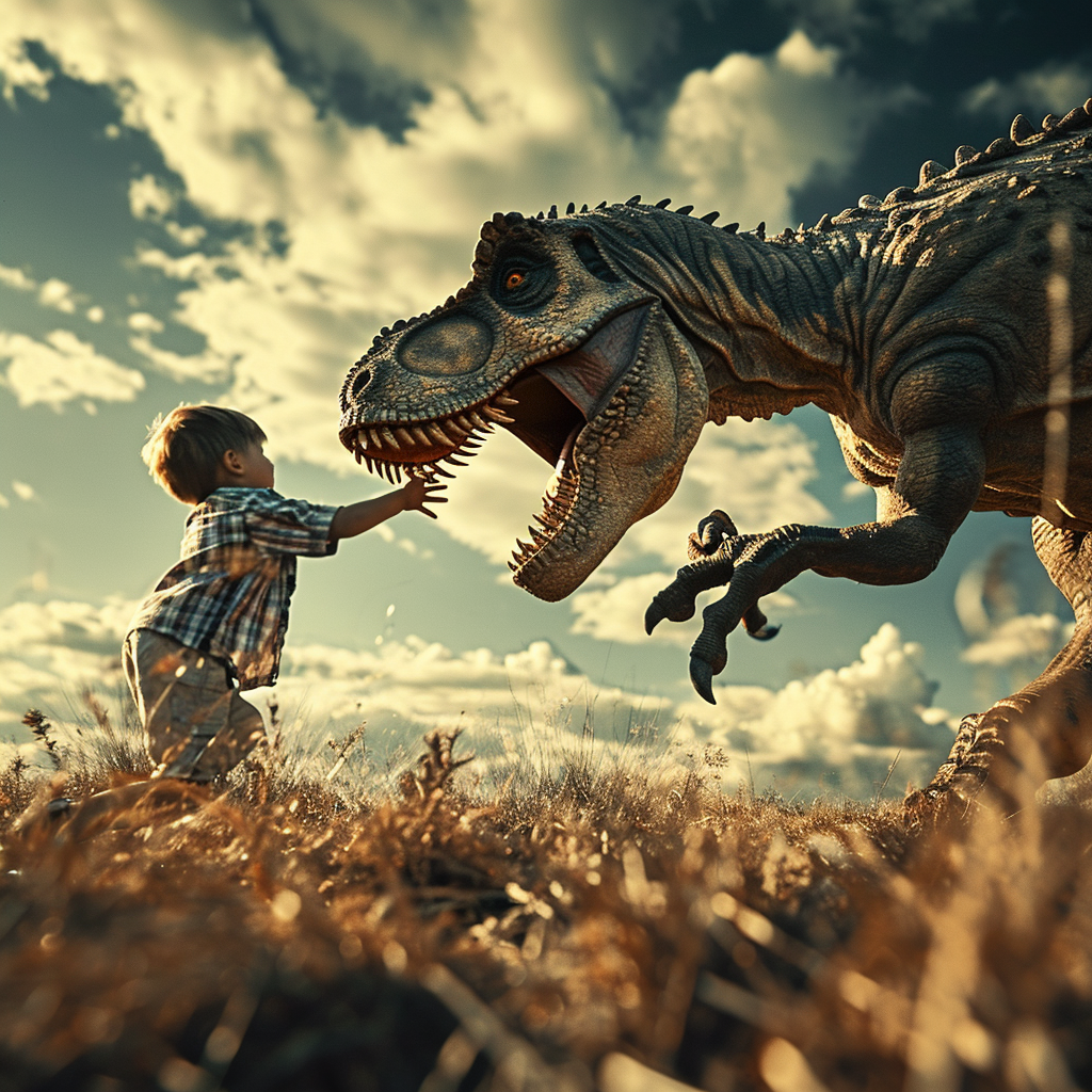 Boy punching T-Rex  action