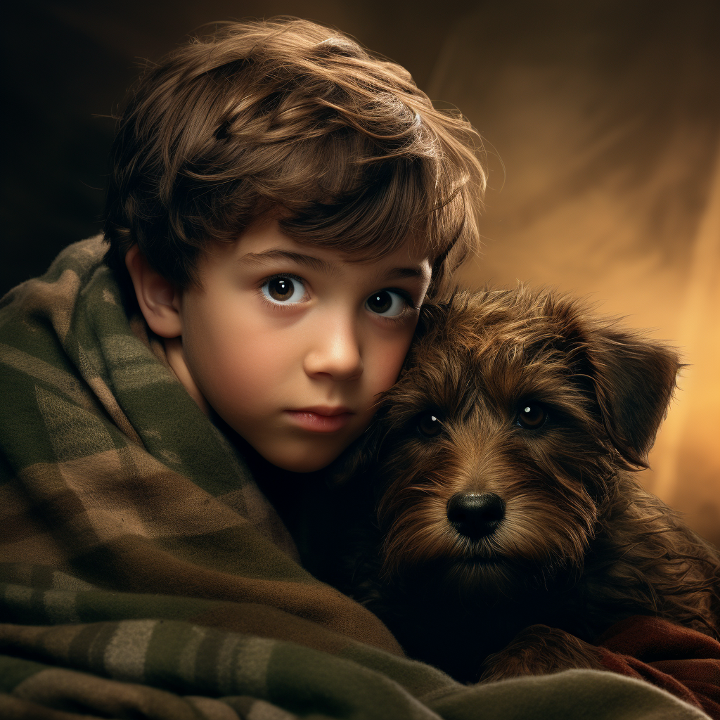 Artistic portrayal of a boy with his puppy