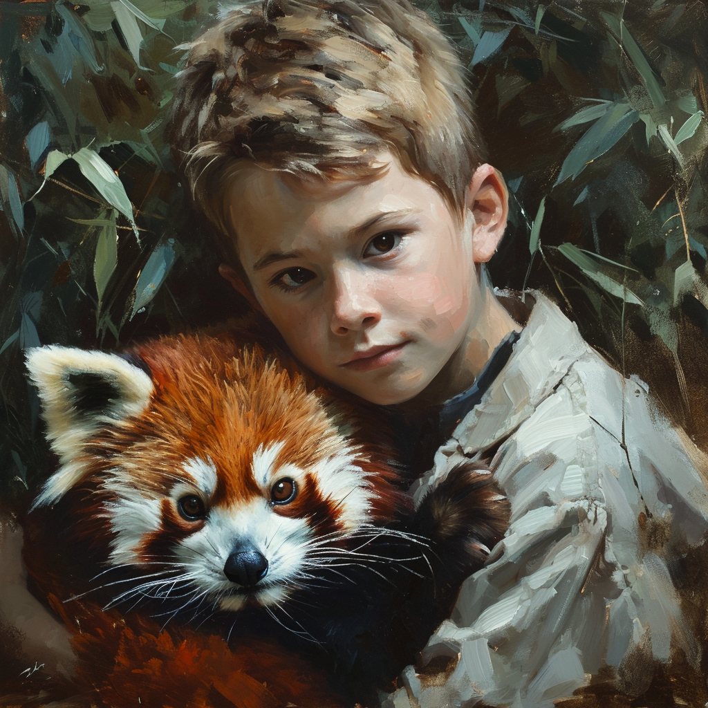 Boy with cute red panda