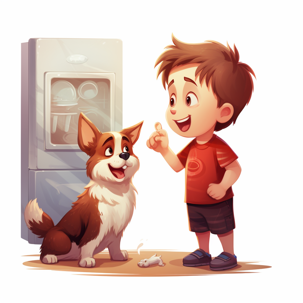 Boy and Corgi searching in fridge