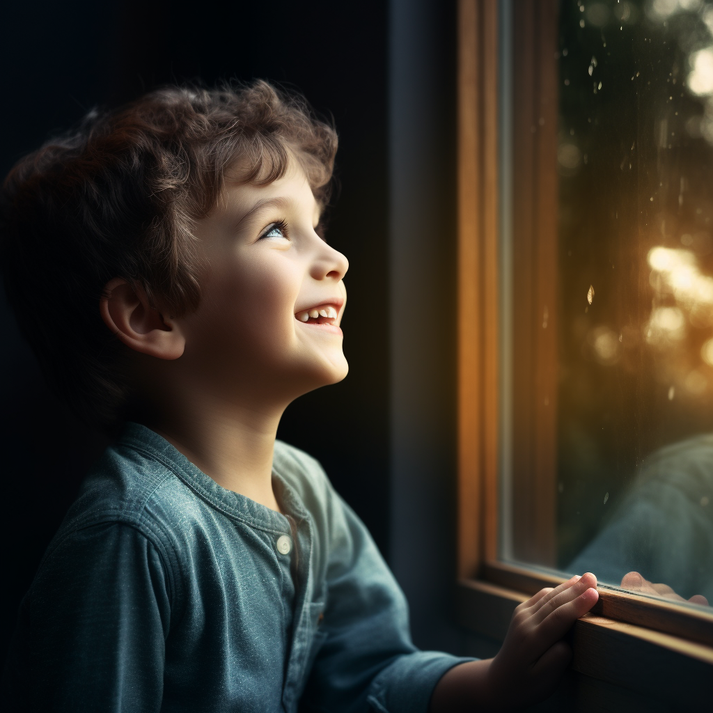 Boy looking in window reflection