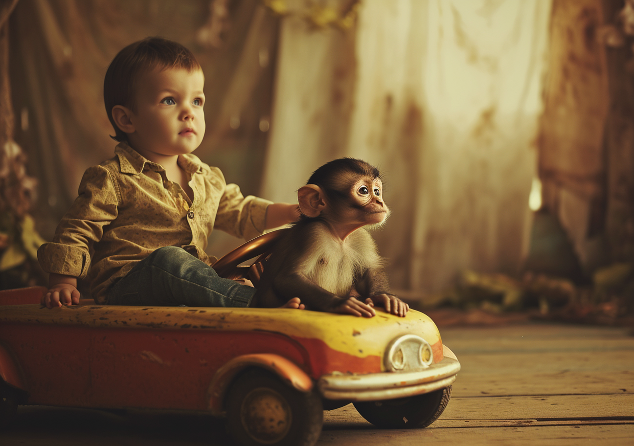 Boy riding adorable banana car