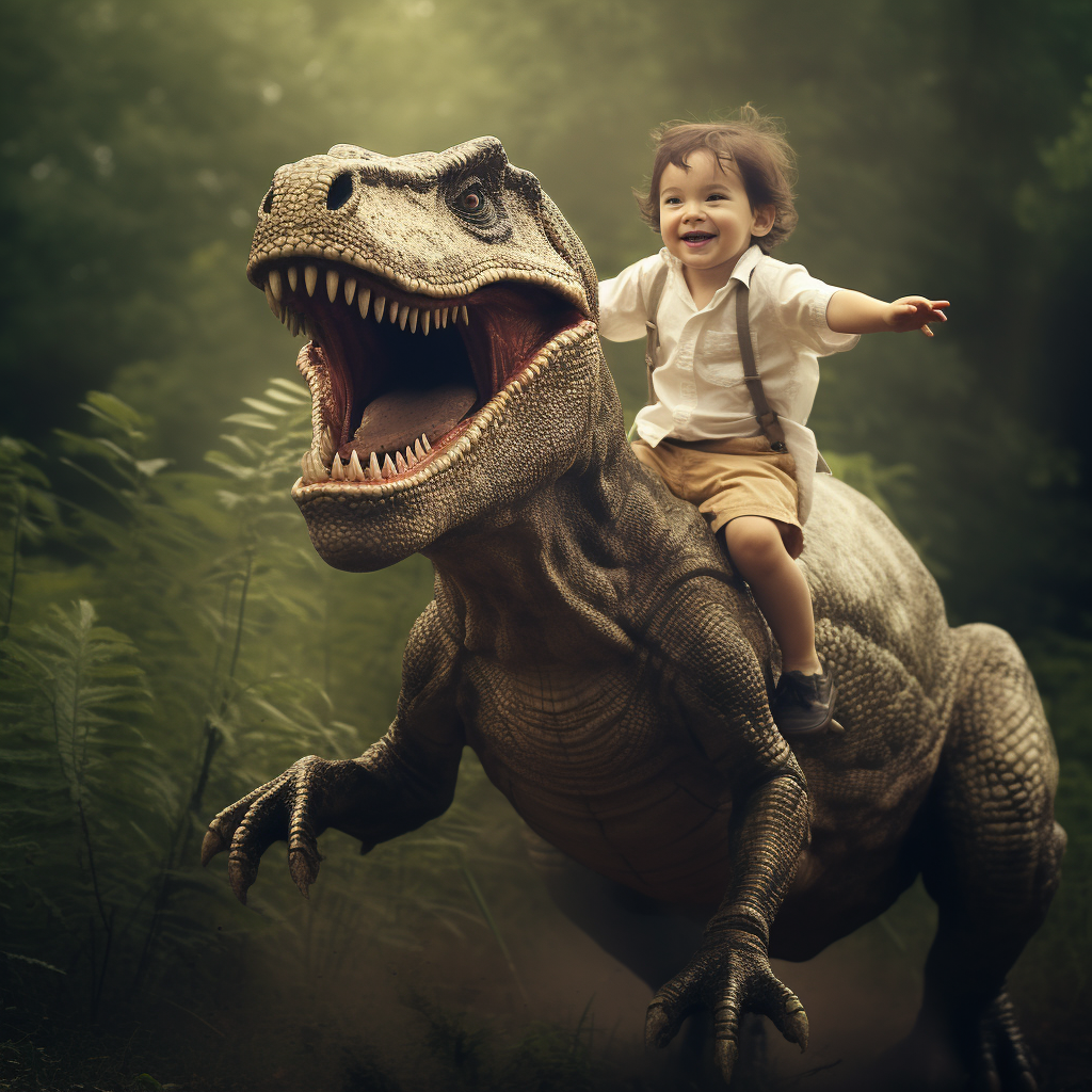 A young boy riding a dinosaur