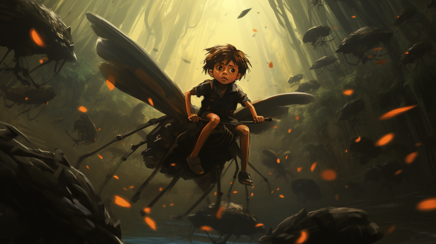 Illustration of a little boy riding a giant bug in a gloomy forest