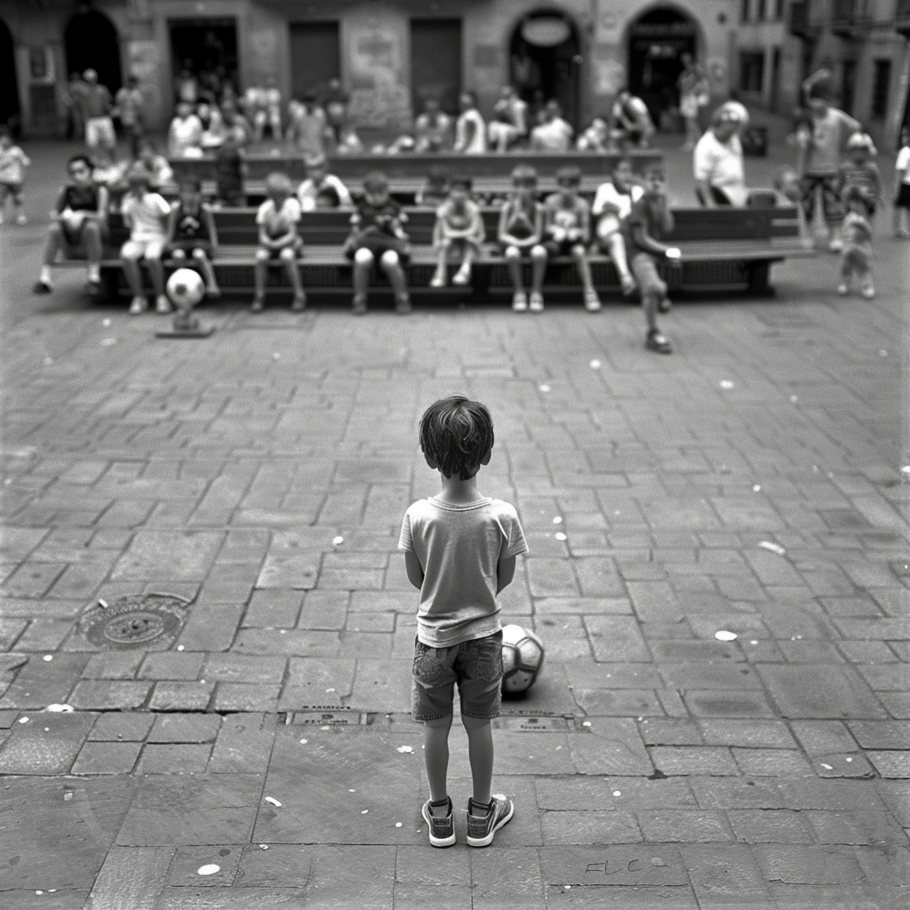 Boy with Soccer Ball in Square