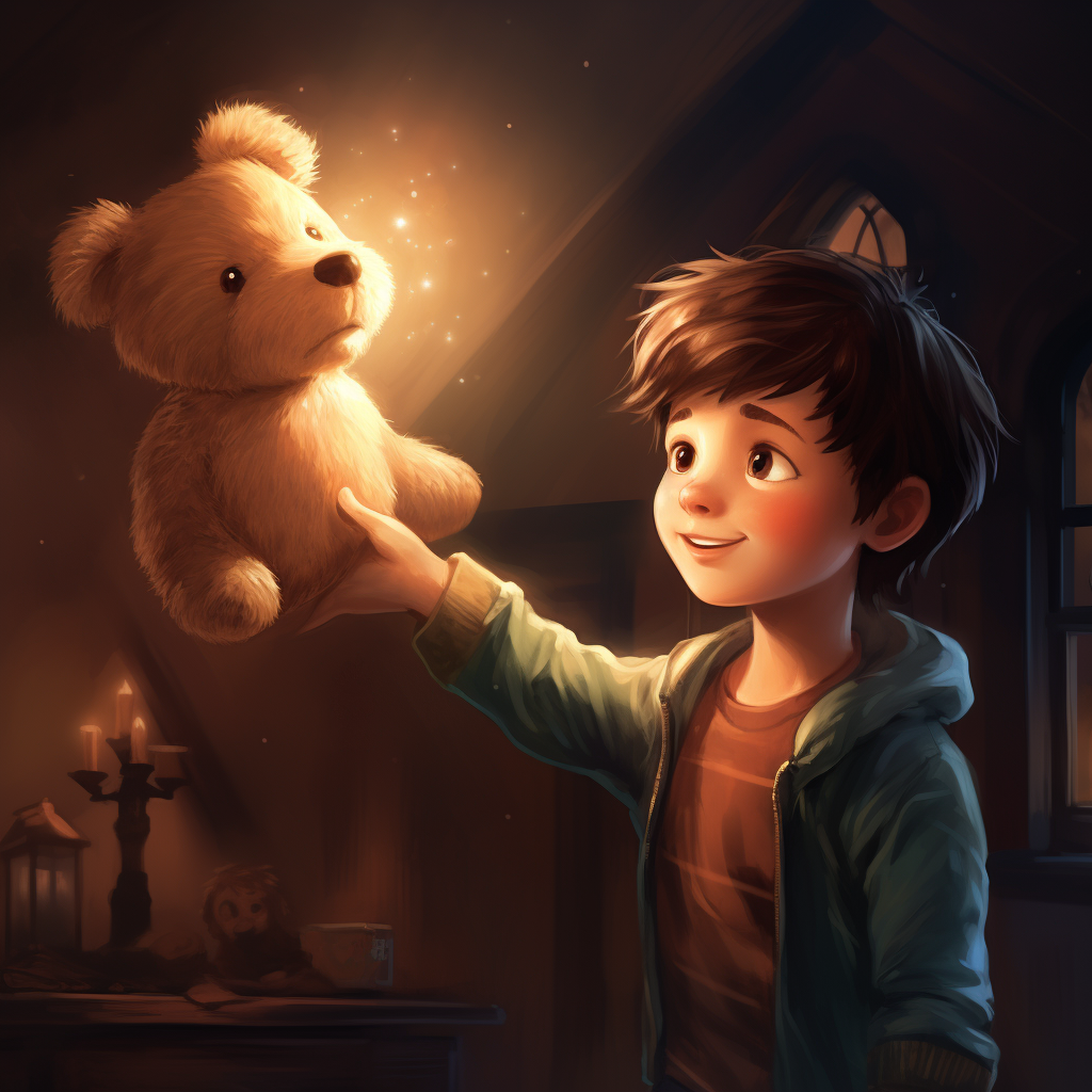 Illustration of a boy with spiked dark brown hair holding a light brown teddy bear, waving hello.