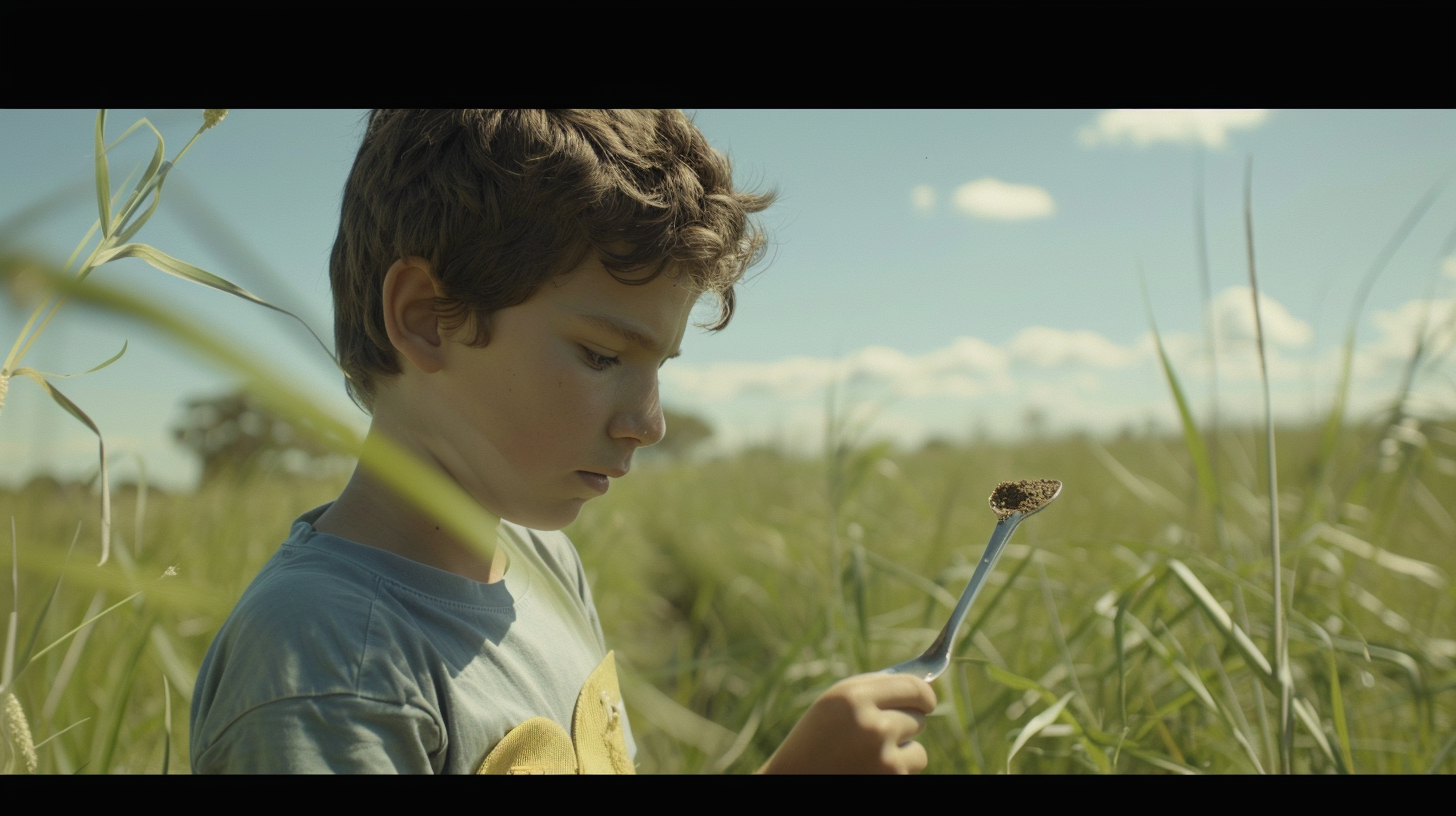 Boy holding spoon in wide shot