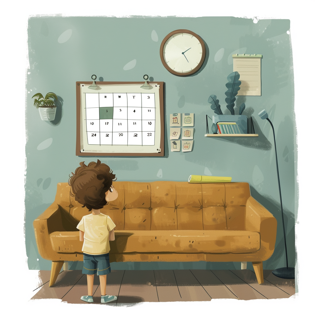 Boy standing on sofa looking at calendar