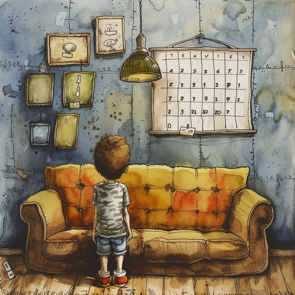 Boy looking at calendar on wall