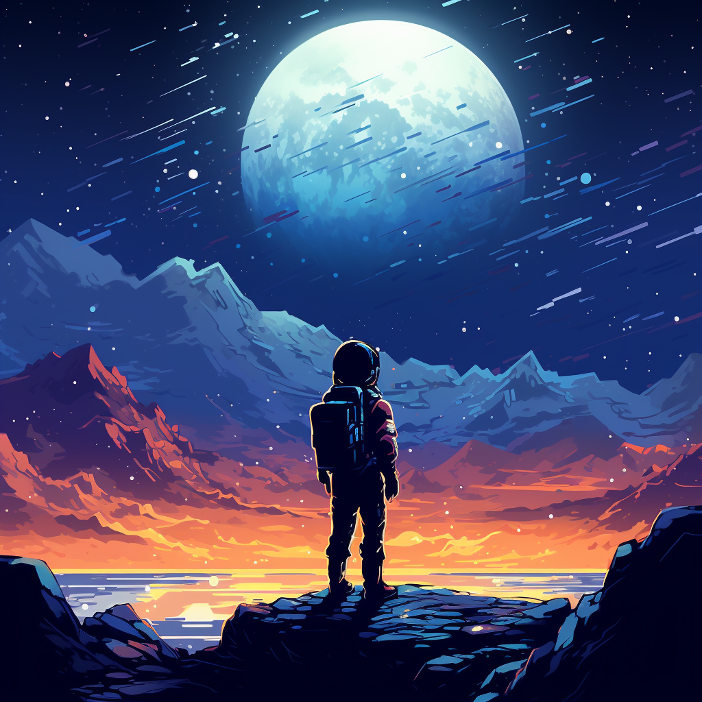 Pixel Art of Boy Traveling Among Stars