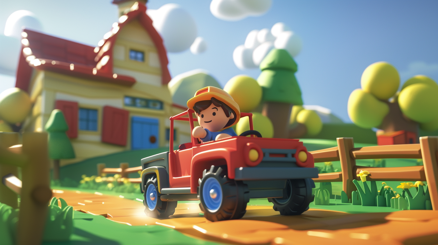 Little boy driving truck on a green farm with farmhouse