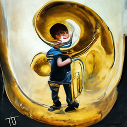 Boy turning into tuba in picture