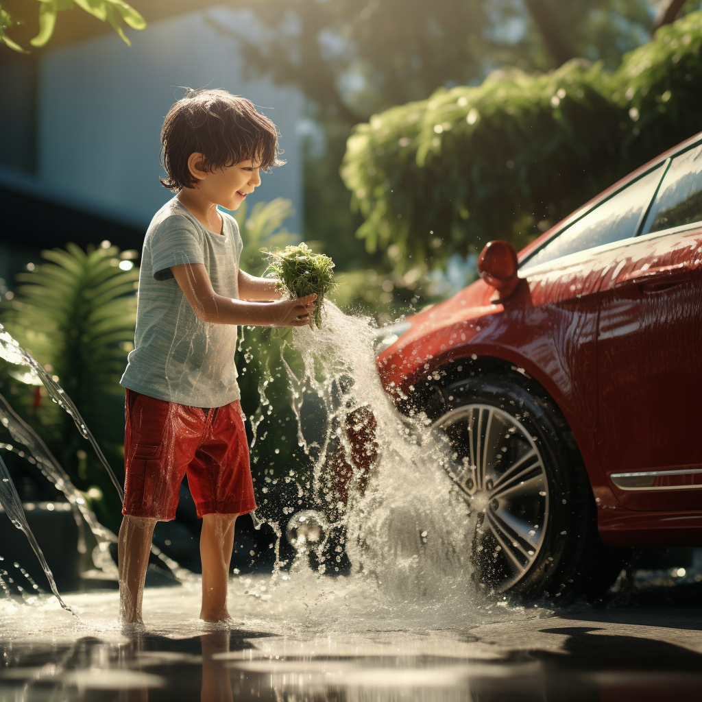 Boy washing car with car wash brush